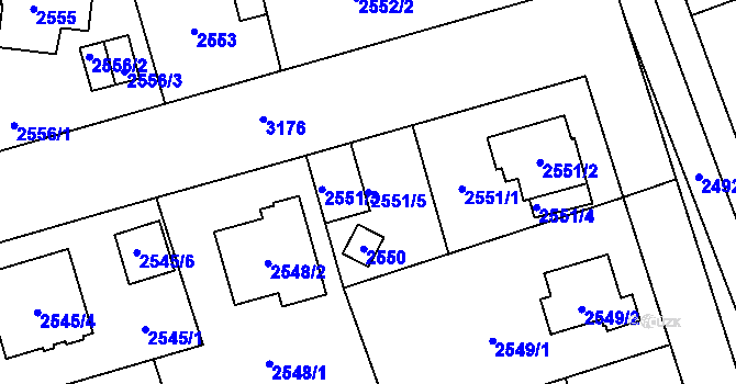 Parcela st. 2551/5 v KÚ Bolevec, Katastrální mapa