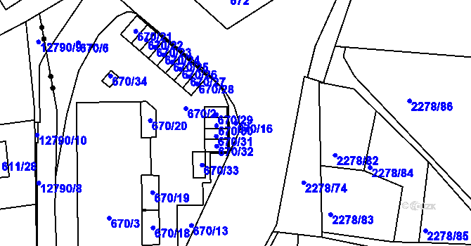 Parcela st. 670/16 v KÚ Bolevec, Katastrální mapa