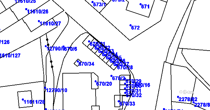Parcela st. 670/25 v KÚ Bolevec, Katastrální mapa