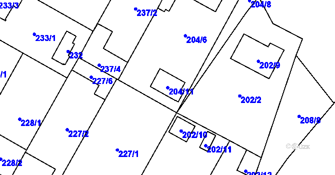 Parcela st. 204/11 v KÚ Bolevec, Katastrální mapa