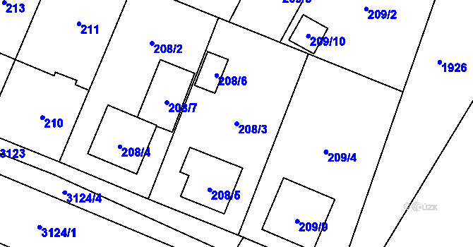 Parcela st. 208/3 v KÚ Bolevec, Katastrální mapa