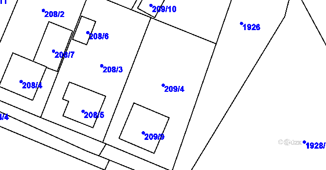 Parcela st. 209/4 v KÚ Bolevec, Katastrální mapa