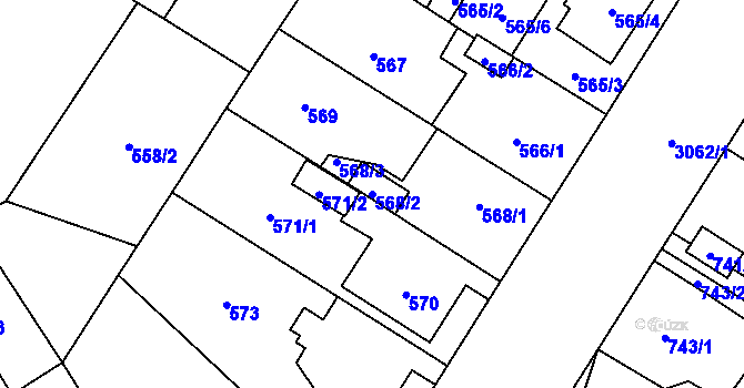 Parcela st. 568/2 v KÚ Bolevec, Katastrální mapa