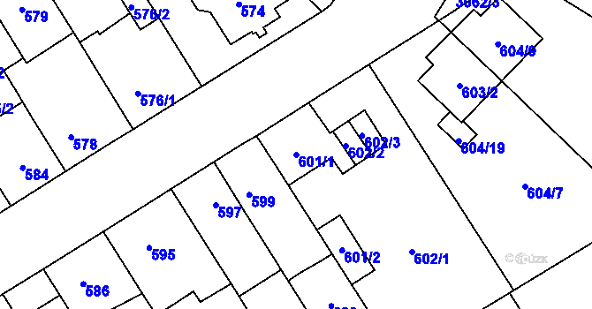 Parcela st. 601/1 v KÚ Bolevec, Katastrální mapa