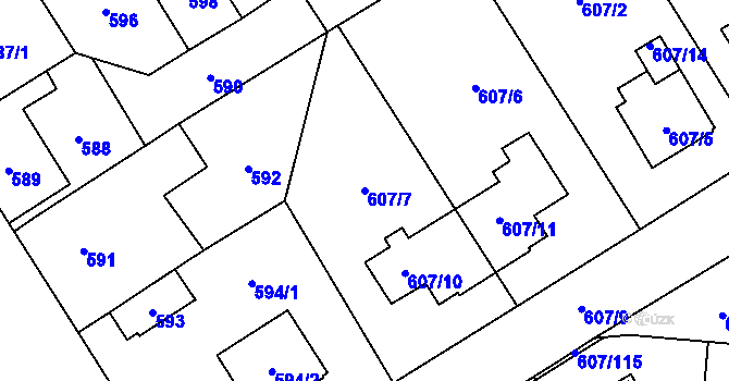 Parcela st. 607/7 v KÚ Bolevec, Katastrální mapa