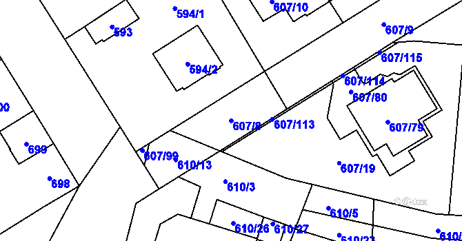 Parcela st. 607/8 v KÚ Bolevec, Katastrální mapa