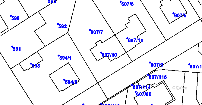 Parcela st. 607/10 v KÚ Bolevec, Katastrální mapa