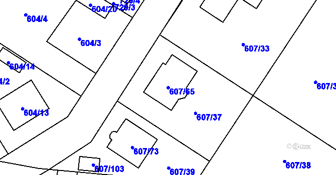 Parcela st. 607/65 v KÚ Bolevec, Katastrální mapa