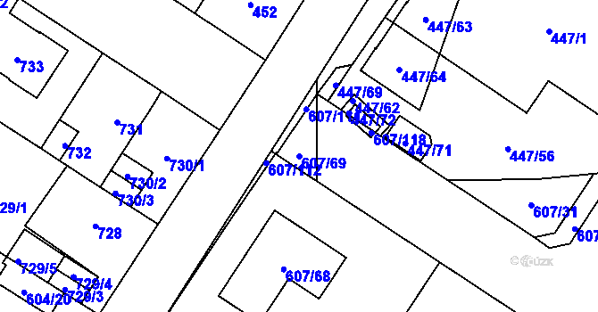 Parcela st. 607/69 v KÚ Bolevec, Katastrální mapa