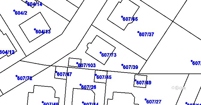Parcela st. 607/73 v KÚ Bolevec, Katastrální mapa