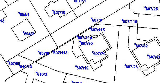 Parcela st. 607/80 v KÚ Bolevec, Katastrální mapa