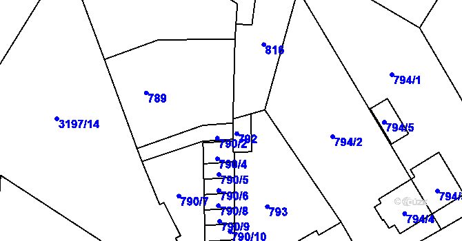 Parcela st. 790/3 v KÚ Bolevec, Katastrální mapa
