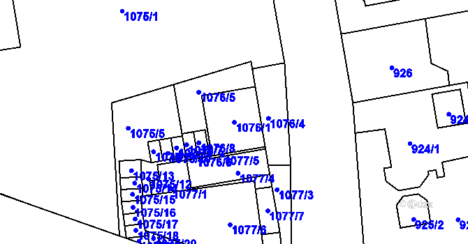 Parcela st. 1076/1 v KÚ Bolevec, Katastrální mapa
