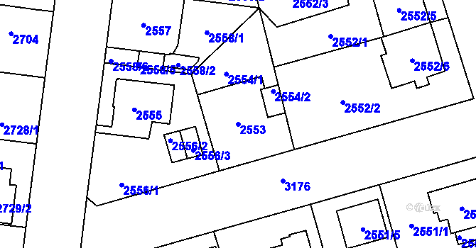 Parcela st. 2553 v KÚ Bolevec, Katastrální mapa