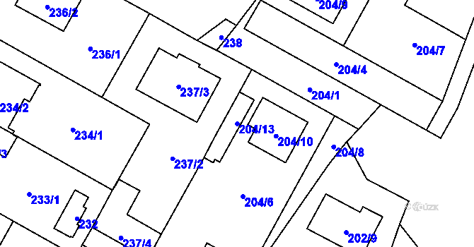 Parcela st. 204/13 v KÚ Bolevec, Katastrální mapa