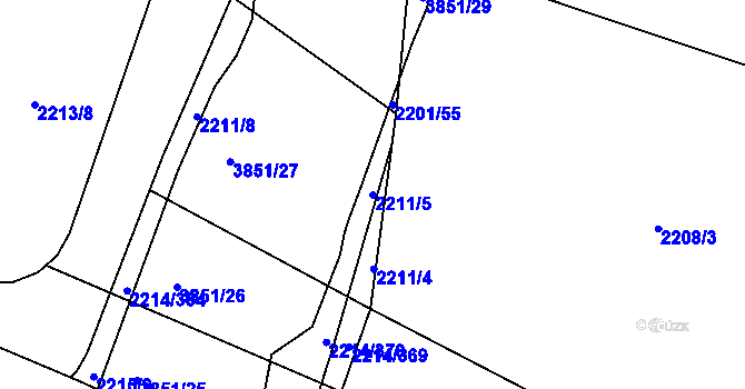 Parcela st. 2211/5 v KÚ Bolevec, Katastrální mapa