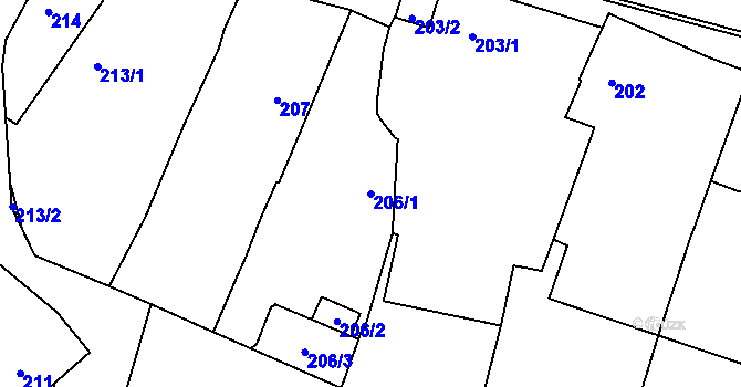 Parcela st. 206/1 v KÚ Božkov, Katastrální mapa