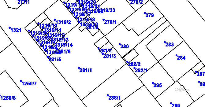 Parcela st. 281/3 v KÚ Božkov, Katastrální mapa