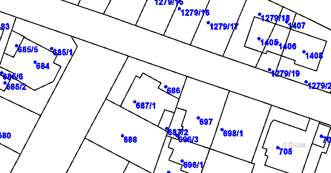 Parcela st. 686 v KÚ Božkov, Katastrální mapa