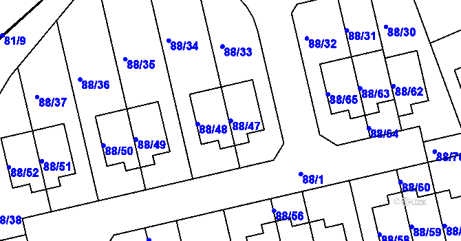 Parcela st. 88/47 v KÚ Božkov, Katastrální mapa