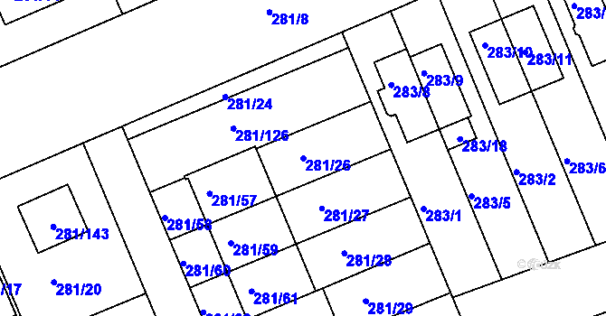 Parcela st. 281/26 v KÚ Hradiště u Plzně, Katastrální mapa