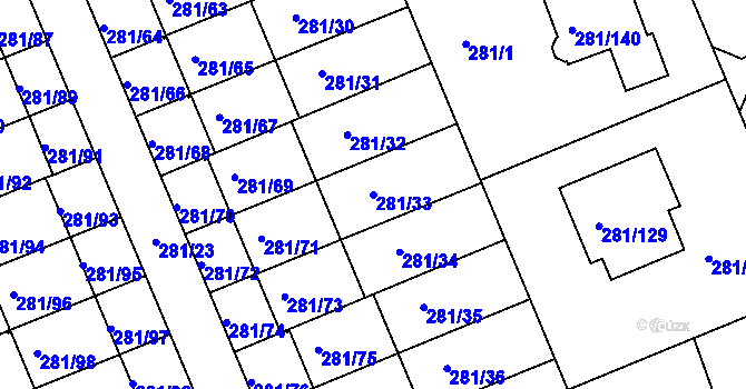 Parcela st. 281/33 v KÚ Hradiště u Plzně, Katastrální mapa
