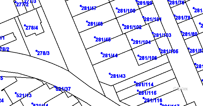 Parcela st. 281/44 v KÚ Hradiště u Plzně, Katastrální mapa