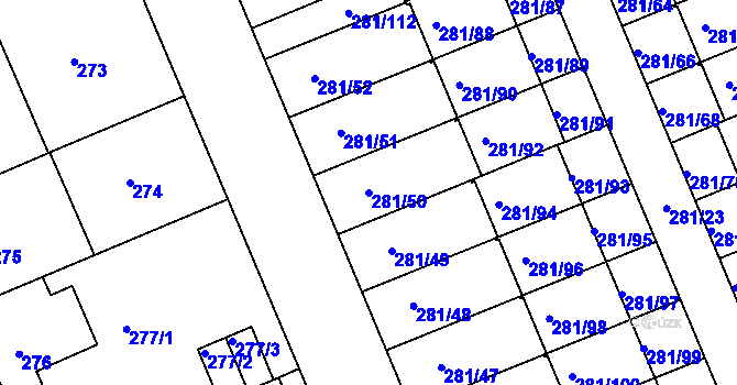 Parcela st. 281/50 v KÚ Hradiště u Plzně, Katastrální mapa