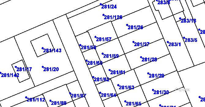 Parcela st. 281/59 v KÚ Hradiště u Plzně, Katastrální mapa