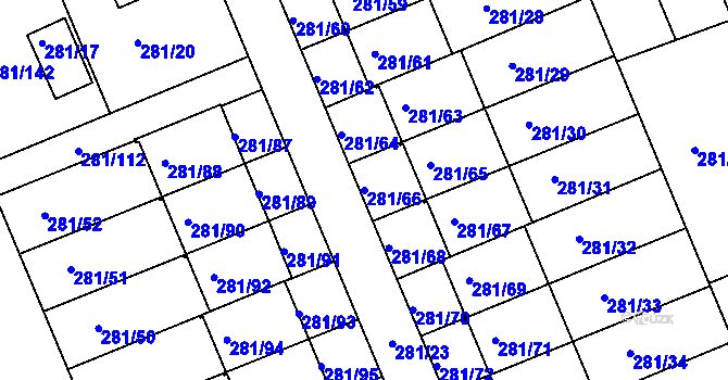 Parcela st. 281/66 v KÚ Hradiště u Plzně, Katastrální mapa