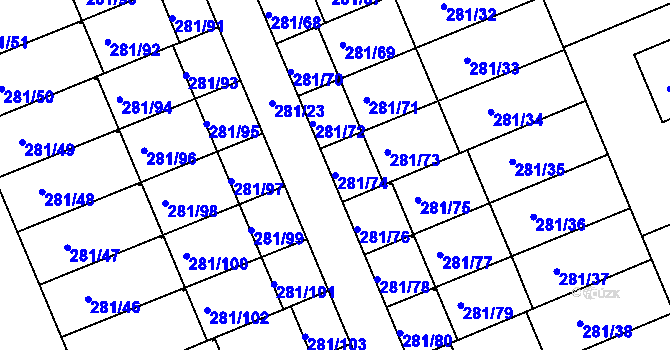 Parcela st. 281/74 v KÚ Hradiště u Plzně, Katastrální mapa