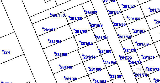 Parcela st. 281/92 v KÚ Hradiště u Plzně, Katastrální mapa