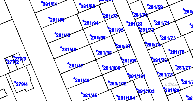 Parcela st. 281/98 v KÚ Hradiště u Plzně, Katastrální mapa