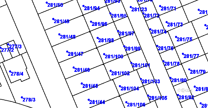 Parcela st. 281/100 v KÚ Hradiště u Plzně, Katastrální mapa