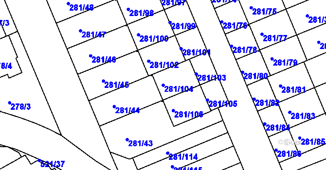 Parcela st. 281/104 v KÚ Hradiště u Plzně, Katastrální mapa
