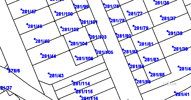 Parcela st. 281/105 v KÚ Hradiště u Plzně, Katastrální mapa