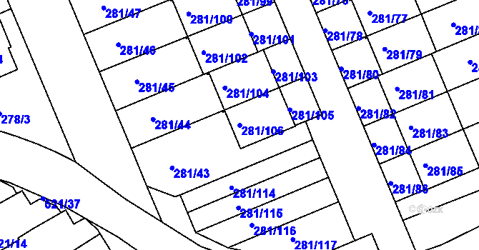 Parcela st. 281/106 v KÚ Hradiště u Plzně, Katastrální mapa