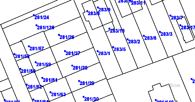 Parcela st. 283/1 v KÚ Hradiště u Plzně, Katastrální mapa
