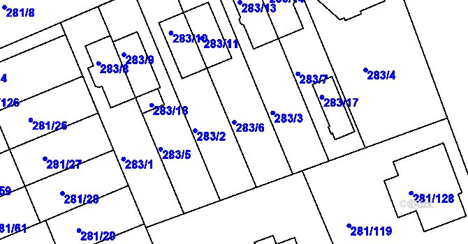 Parcela st. 283/6 v KÚ Hradiště u Plzně, Katastrální mapa