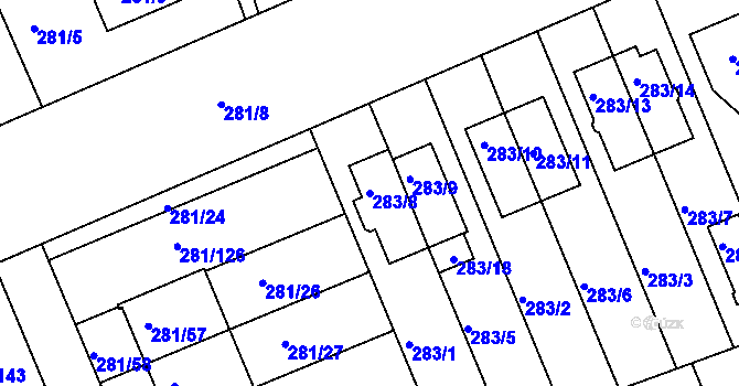 Parcela st. 283/8 v KÚ Hradiště u Plzně, Katastrální mapa