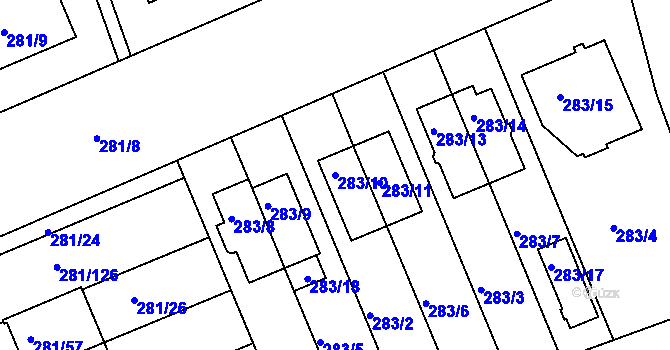 Parcela st. 283/10 v KÚ Hradiště u Plzně, Katastrální mapa