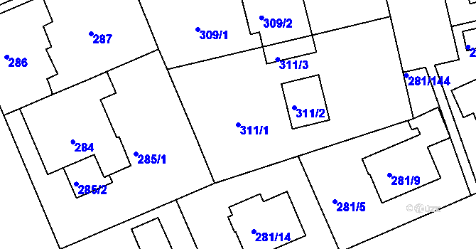 Parcela st. 311/1 v KÚ Hradiště u Plzně, Katastrální mapa