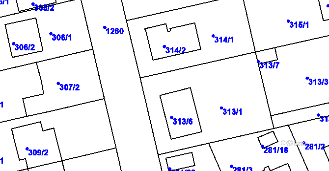 Parcela st. 313/2 v KÚ Hradiště u Plzně, Katastrální mapa
