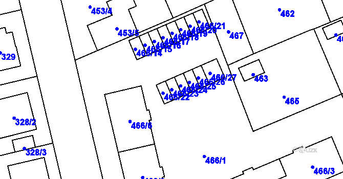 Parcela st. 466/23 v KÚ Hradiště u Plzně, Katastrální mapa
