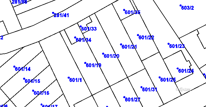 Parcela st. 601/20 v KÚ Hradiště u Plzně, Katastrální mapa