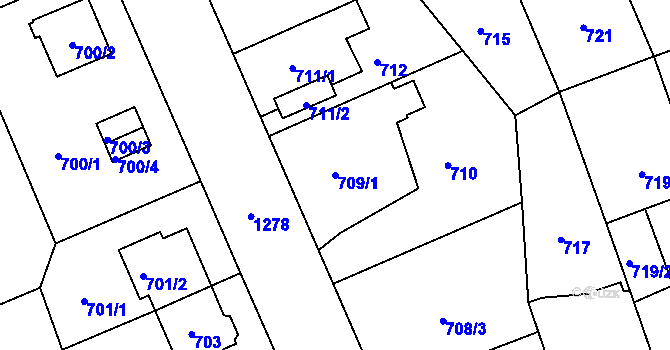 Parcela st. 709/1 v KÚ Hradiště u Plzně, Katastrální mapa