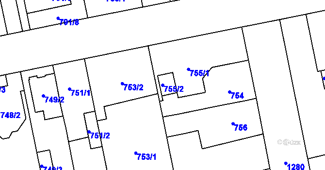 Parcela st. 755/2 v KÚ Hradiště u Plzně, Katastrální mapa