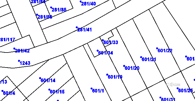 Parcela st. 601/34 v KÚ Hradiště u Plzně, Katastrální mapa