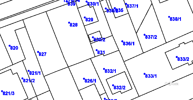 Parcela st. 831 v KÚ Bručná, Katastrální mapa