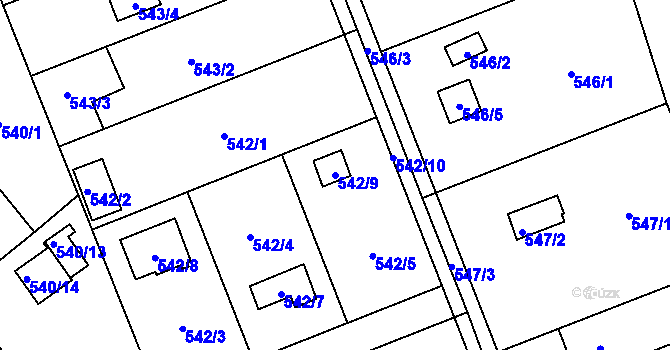 Parcela st. 542/9 v KÚ Doudlevce, Katastrální mapa
